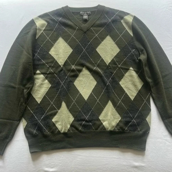 Banana Republic Green & Gray 100% Merino Wool V-Neck Arglye Sweater Size Large - Picture 1 of 11